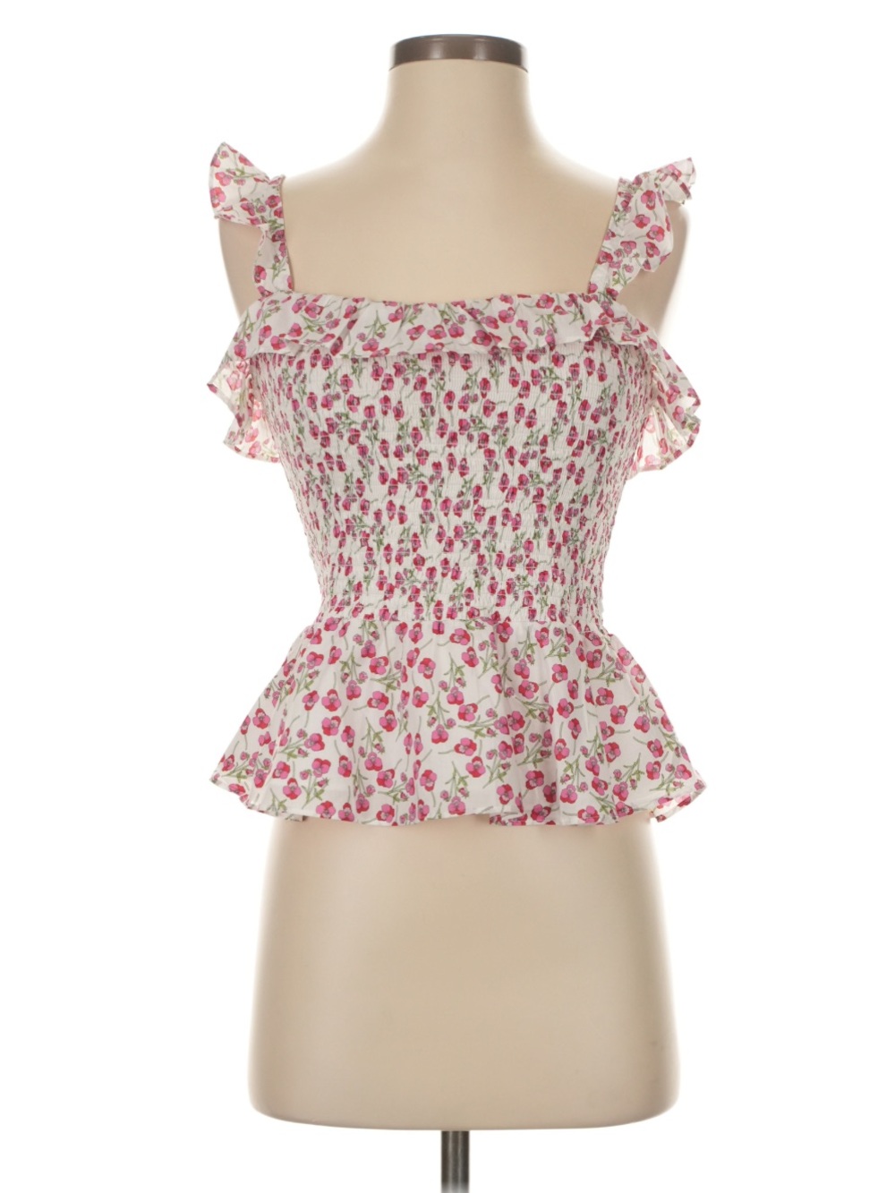 J. Crew Pink Floral Ruffle Smocked Peplum Camisole